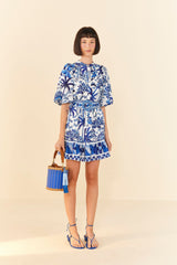 FARM RIO Sweet Rio Puff Sleeve Mini Dress - Blue SzS