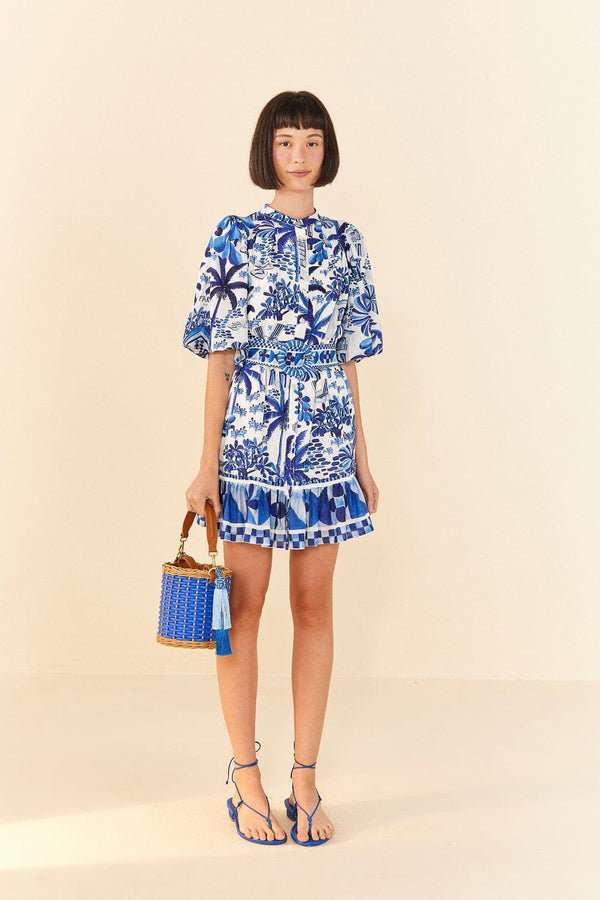 FARM RIO Sweet Rio Puff Sleeve Mini Dress - Blue SzS