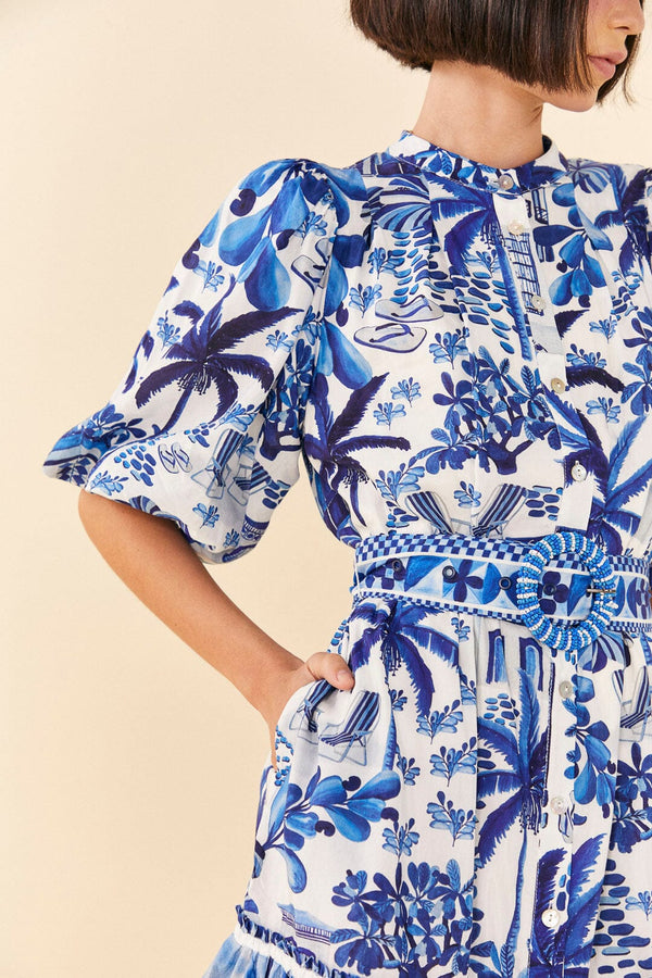 FARM RIO Sweet Rio Puff Sleeve Mini Dress - Blue SzS