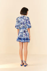 FARM RIO Sweet Rio Puff Sleeve Mini Dress - Blue SzS