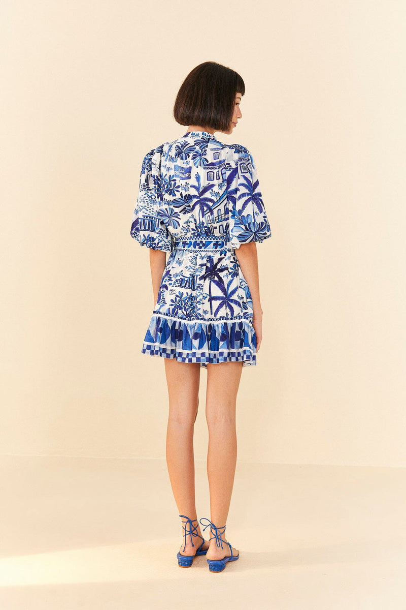 FARM RIO Sweet Rio Puff Sleeve Mini Dress - Blue SzS