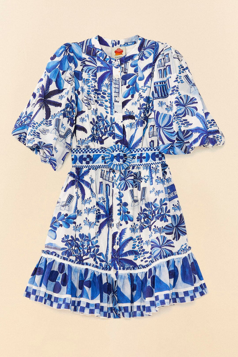 FARM RIO Sweet Rio Puff Sleeve Mini Dress - Blue SzS
