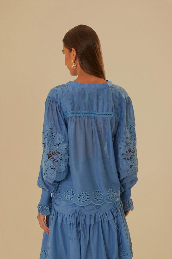 FARM RIO Long Sleeve Organic Cotton Blouse - Sky Blue SzS