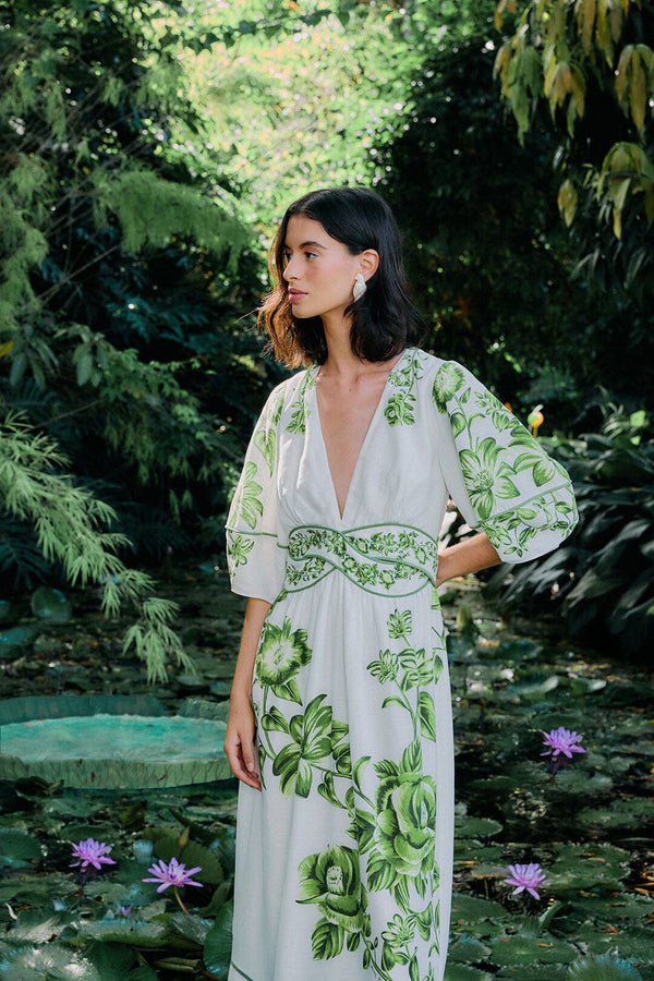 FARM RIO Floral Cascade Midi Dress - Off-White & Green SzS