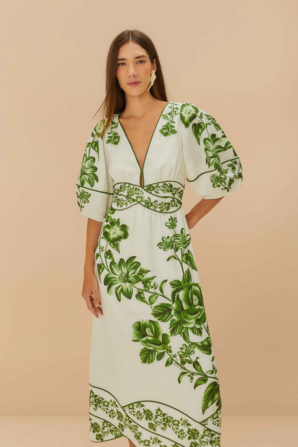 FARM RIO Floral Cascade Midi Dress - Off-White & Green SzS