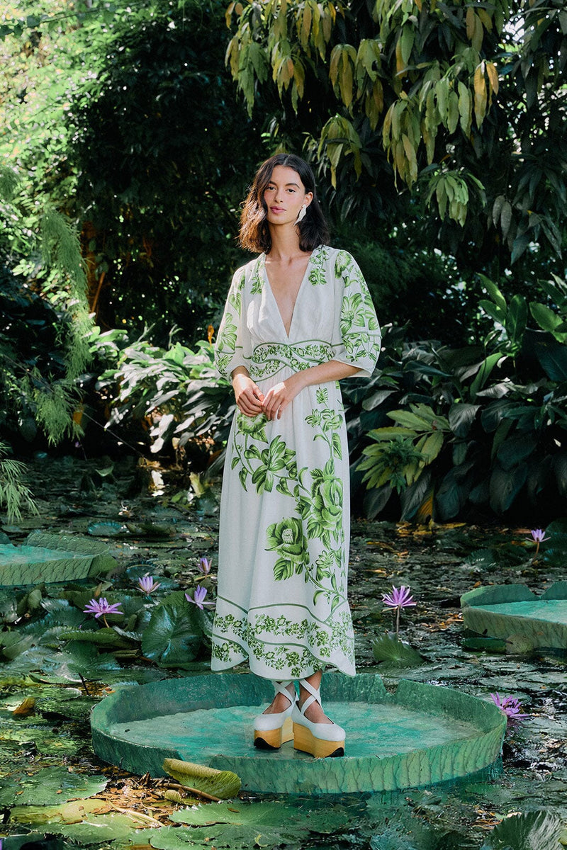 FARM RIO Floral Cascade Midi Dress - Off-White & Green SzS