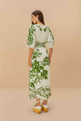 FARM RIO Floral Cascade Midi Dress - Off-White & Green SzS