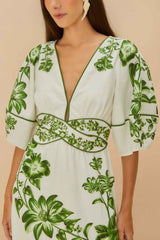 FARM RIO Floral Cascade Midi Dress - Off-White & Green SzS
