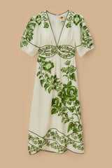 FARM RIO Floral Cascade Midi Dress - Off-White & Green SzS
