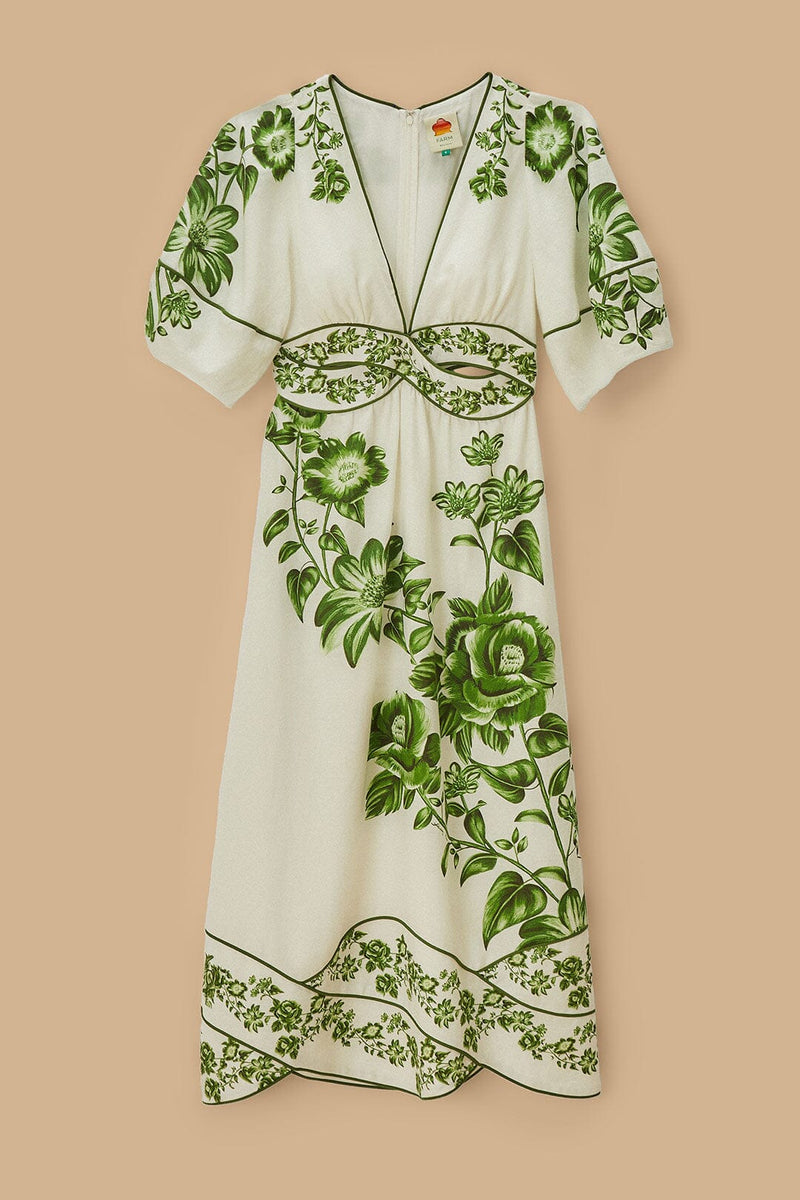 FARM RIO Floral Cascade Midi Dress - Off-White & Green SzS