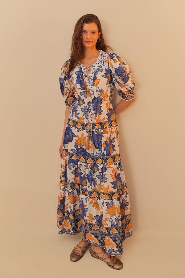 FARM RIO Summer Flowers Beaded Tassels Maxi Dress - Summer Flowers SzS