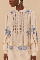 FARM RIO Romantic Richelieu Blouse - Off White SzM