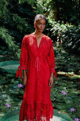 FARM RIO Morada Boa Guipure Maxi Dress - Red SzS