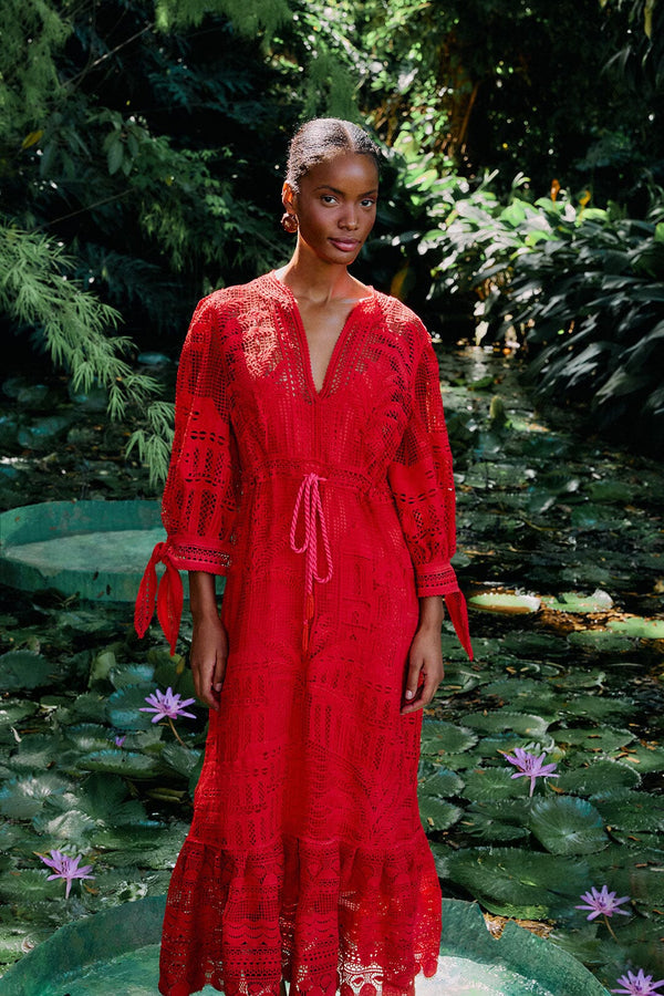 FARM RIO Morada Boa Guipure Maxi Dress - Red SzS