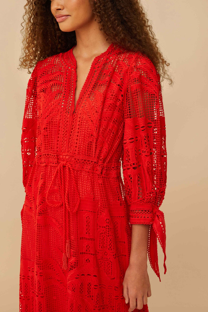 FARM RIO Morada Boa Guipure Maxi Dress - Red SzS