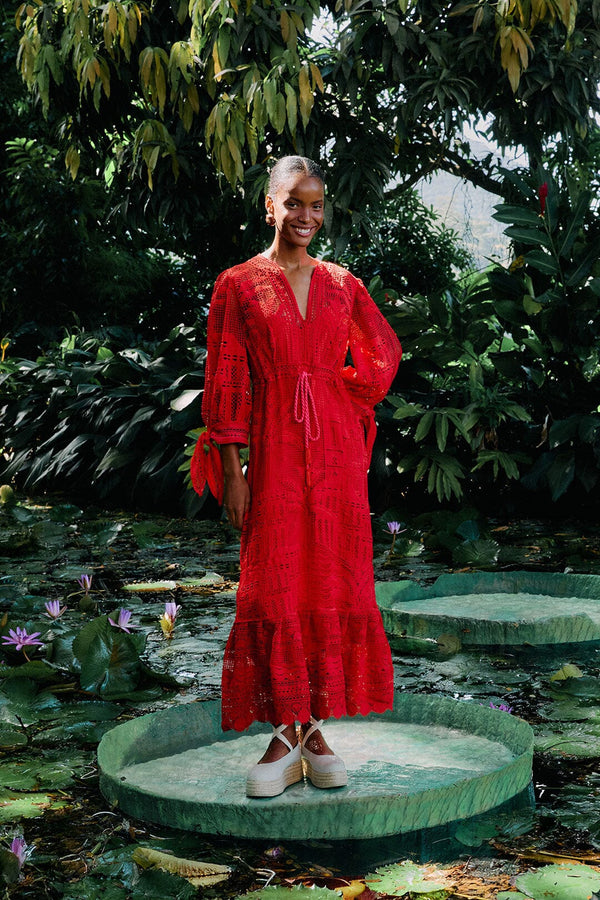 FARM RIO Morada Boa Guipure Maxi Dress - Red SzS