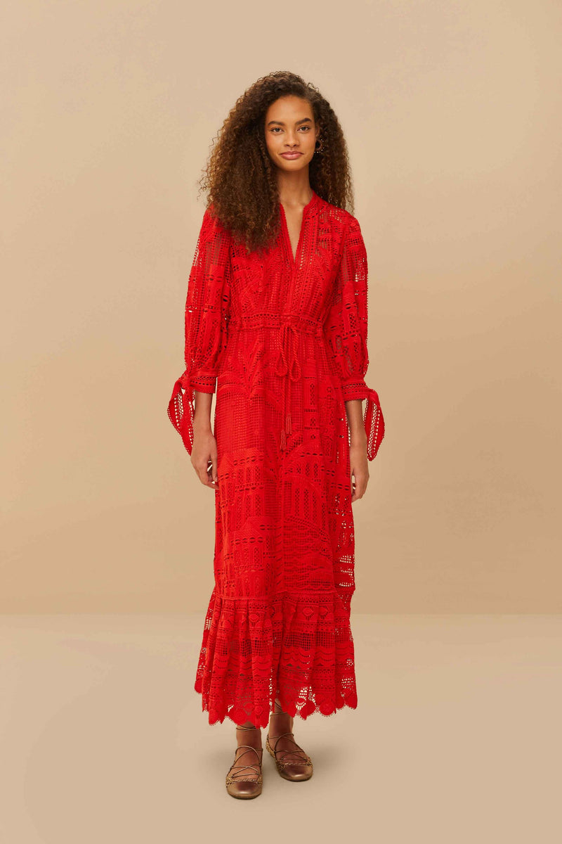 FARM RIO Morada Boa Guipure Maxi Dress - Red SzS