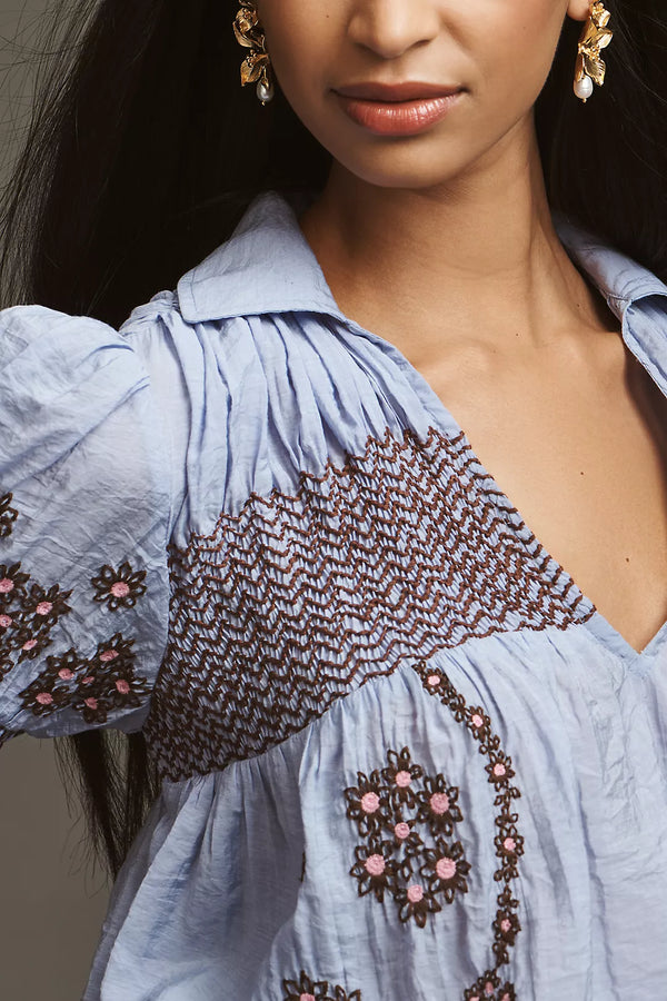 ANTHROPOLOGIE Embroidered Deep V Swing Top - Blue SzS