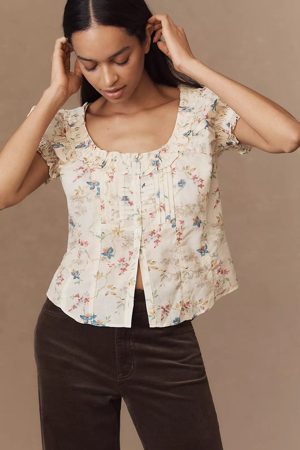 PILCRO Ruffle Puff-Sleeve Blouse - Ivory Floral SzS