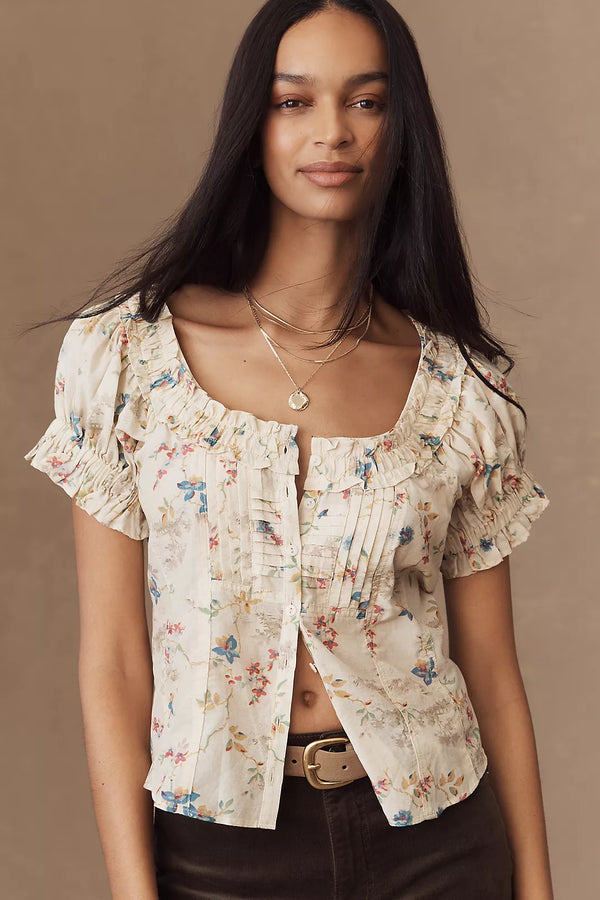 PILCRO Ruffle Puff-Sleeve Blouse - Ivory Floral SzS