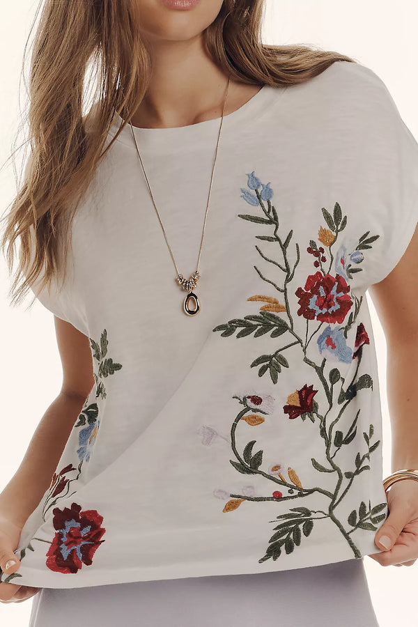 ANTHROPOLOGIE Flowers Muscle Tee - White SzM