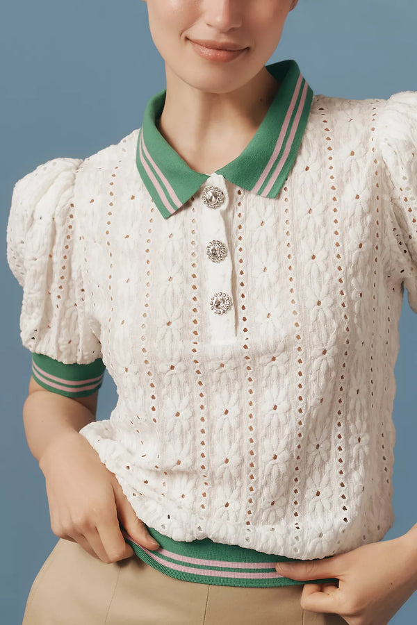 MAEVE Puff-Sleeve Lace Polo Top - Off-White SzS