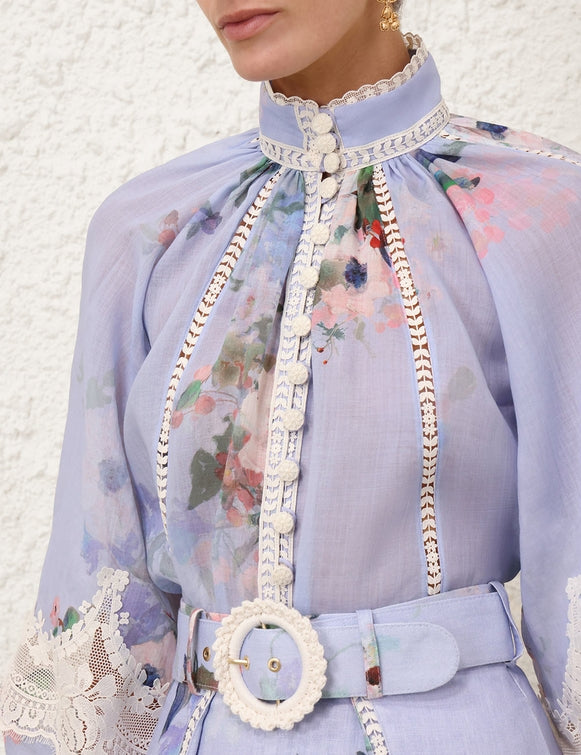 ZIMMERMANN Everley Lace Trim Blouse - Light Blue Sz1 NZ10