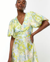 RIVER ISLAND Puff Sleeve Midi Dress - Blue Floral Sz8