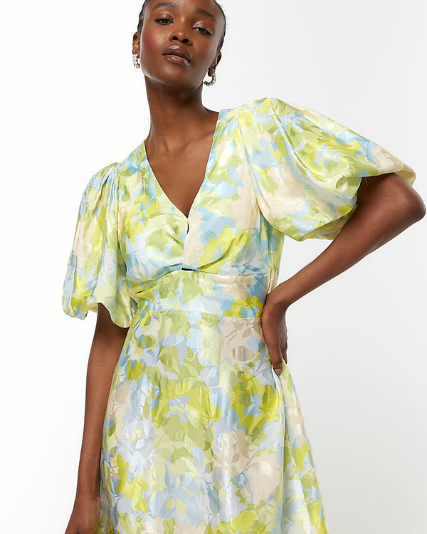 RIVER ISLAND Puff Sleeve Midi Dress - Blue Floral Sz8