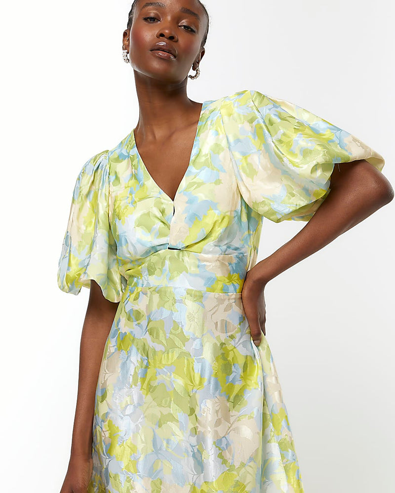 RIVER ISLAND Puff Sleeve Midi Dress - Blue Floral Sz8