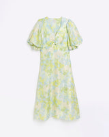 RIVER ISLAND Puff Sleeve Midi Dress - Blue Floral Sz8