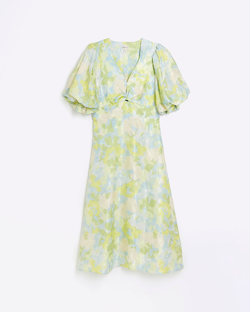 RIVER ISLAND Puff Sleeve Midi Dress - Blue Floral Sz8
