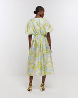 RIVER ISLAND Puff Sleeve Midi Dress - Blue Floral Sz8