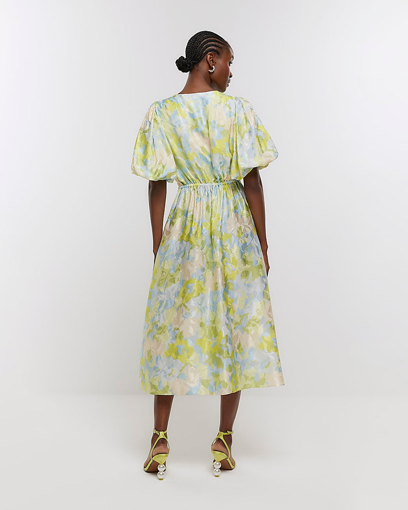 RIVER ISLAND Puff Sleeve Midi Dress - Blue Floral Sz8