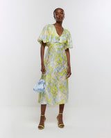 RIVER ISLAND Puff Sleeve Midi Dress - Blue Floral Sz8