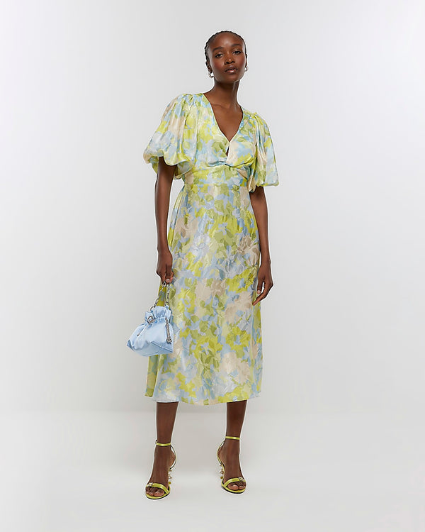 RIVER ISLAND Puff Sleeve Midi Dress - Blue Floral Sz8