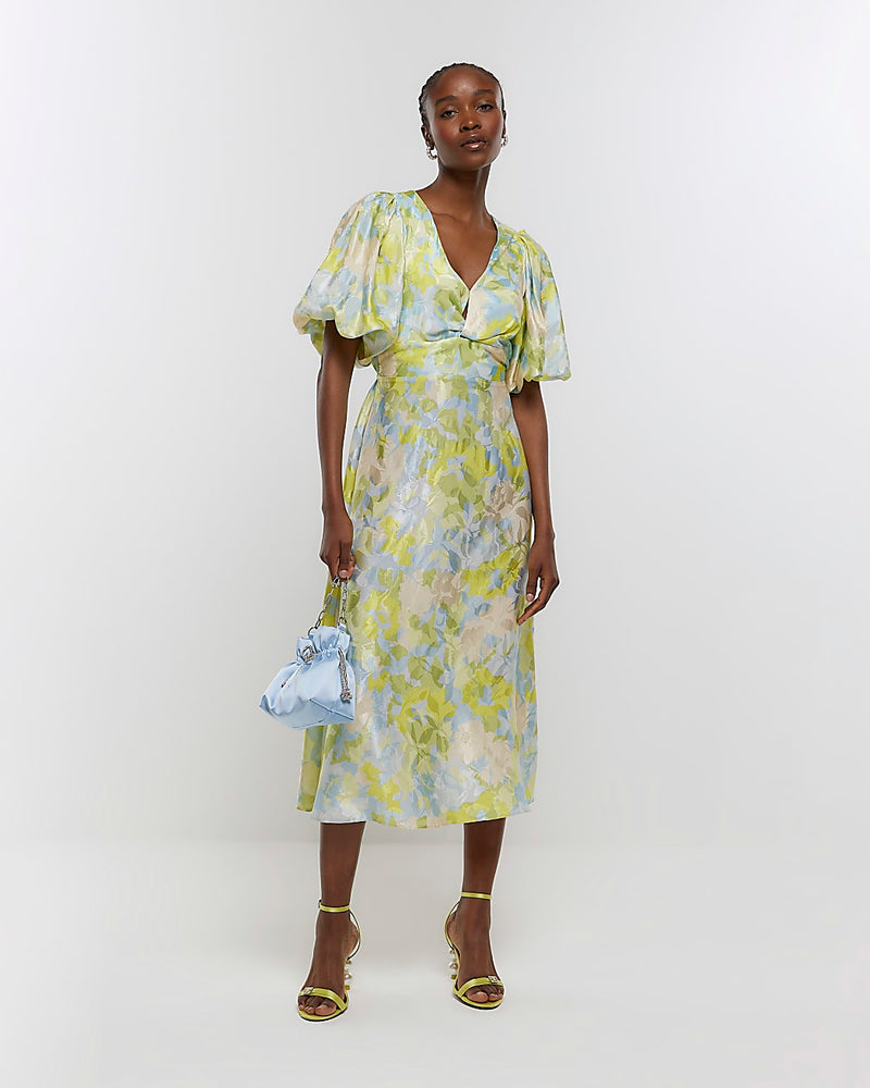 RIVER ISLAND Puff Sleeve Midi Dress - Blue Floral Sz8
