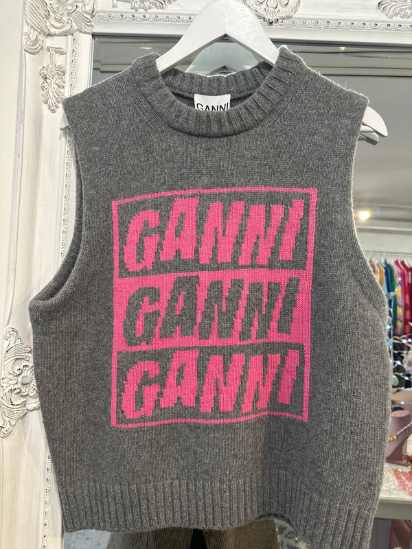 GANNI Graphic Wool Vest - Frost Gray Sz L