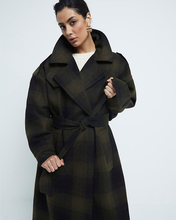 RIVER ISLAND Belted Coat - Olive Green Check SzM