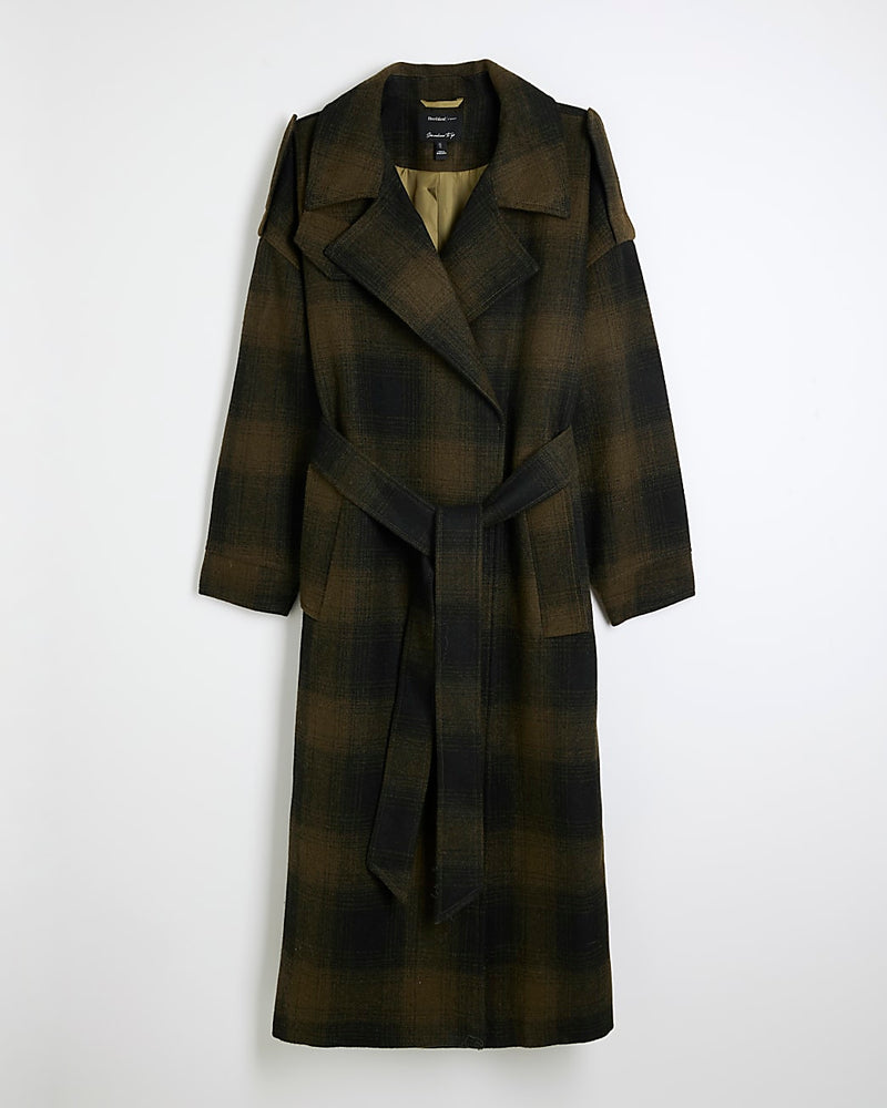 RIVER ISLAND Belted Coat - Olive Green Check SzM
