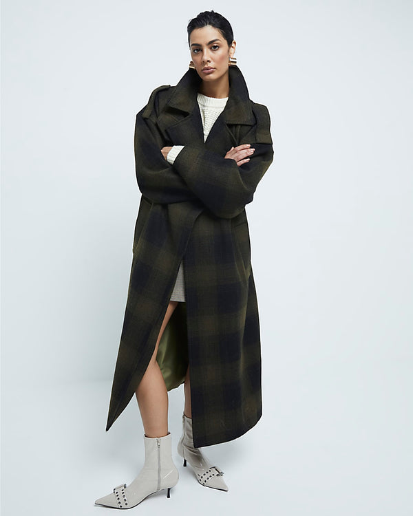 RIVER ISLAND Belted Coat - Olive Green Check SzM