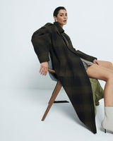 RIVER ISLAND Belted Coat - Olive Green Check SzM