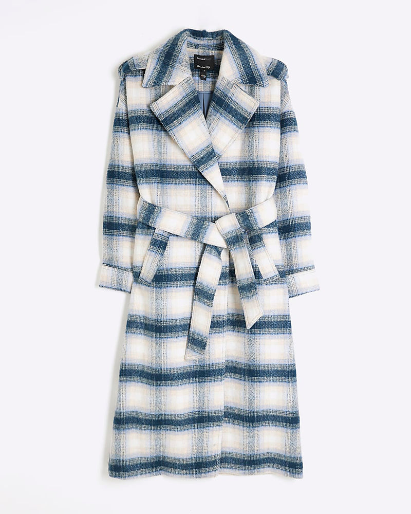 RIVER ISLAND Belted Coat - Blue Check SzL