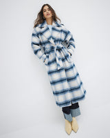 RIVER ISLAND Belted Coat - Blue Check SzL