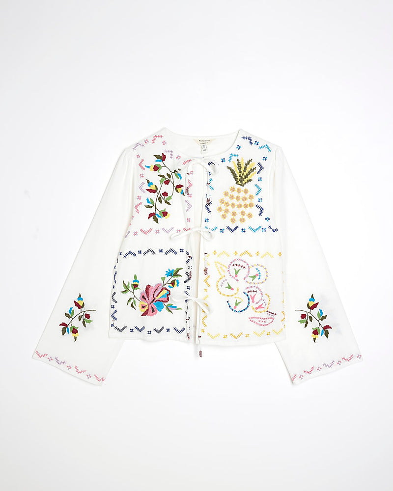 RIVER ISLAND Embroidered Tie Front Shirt - White Sz10