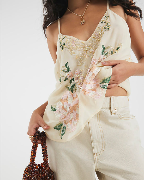 RIVER ISLAND Embroidered Cami Top - Cream