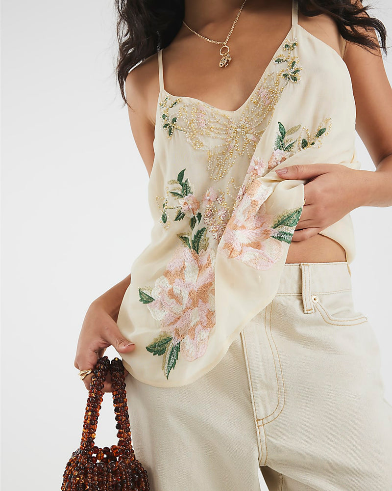 RIVER ISLAND Embroidered Cami Top - Cream