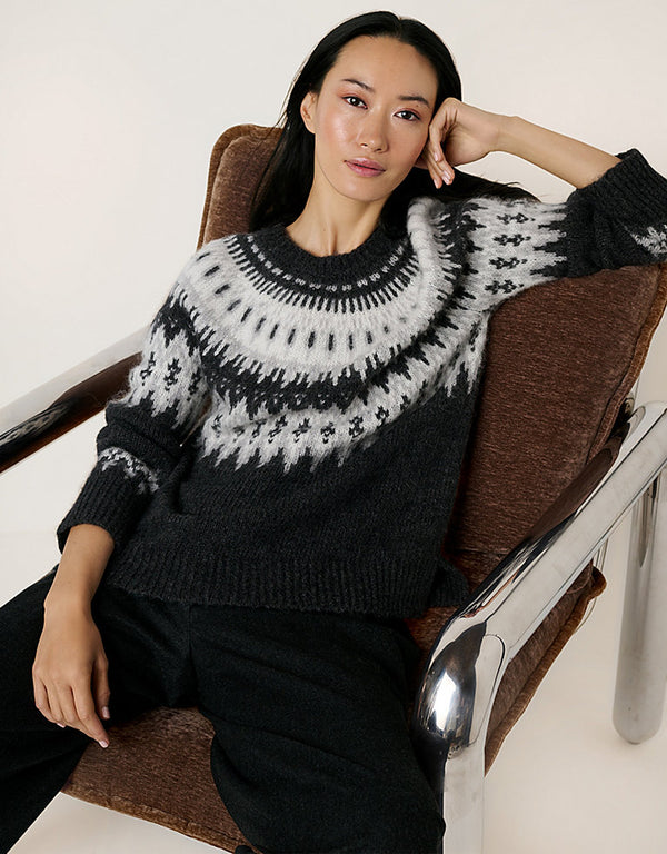 THE WHITE COMPANY Fairisle Jumper with Alpaca - Charcoal Marl SzM