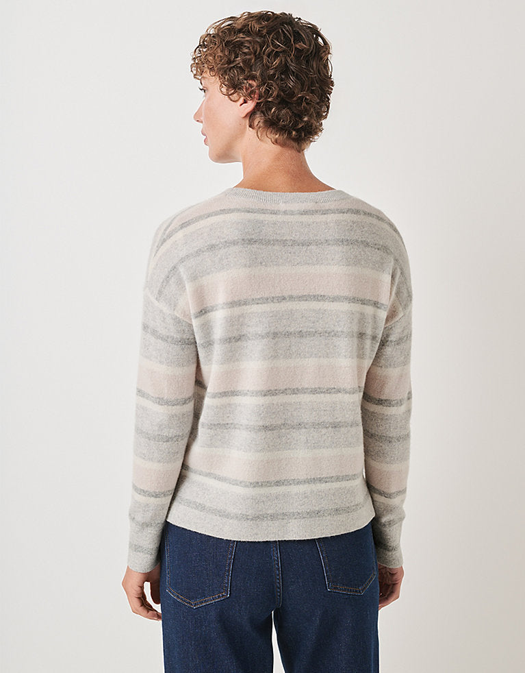 THE WHITE COMPANY Cashmere Multi Stripe Crewneck Jumper - Grey Stripe SzL