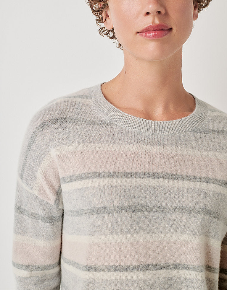 THE WHITE COMPANY Cashmere Multi Stripe Crewneck Jumper - Grey Stripe SzL